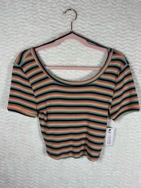 Volcom Olive Multi Striped Ribbed Scoop Crop Top
